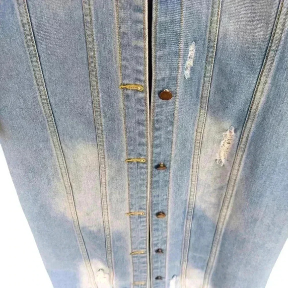 Trendy Like New Distressed Denim Maxi Jacket Blue Jean Duster - Picture 3 of 6